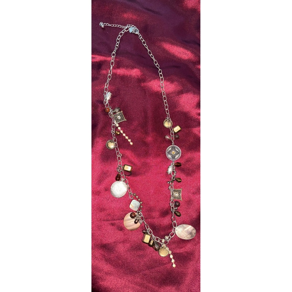 Chicos Silver Tone Mixed Media Charm Necklace Mother of Pearl Shell Beaded Boho